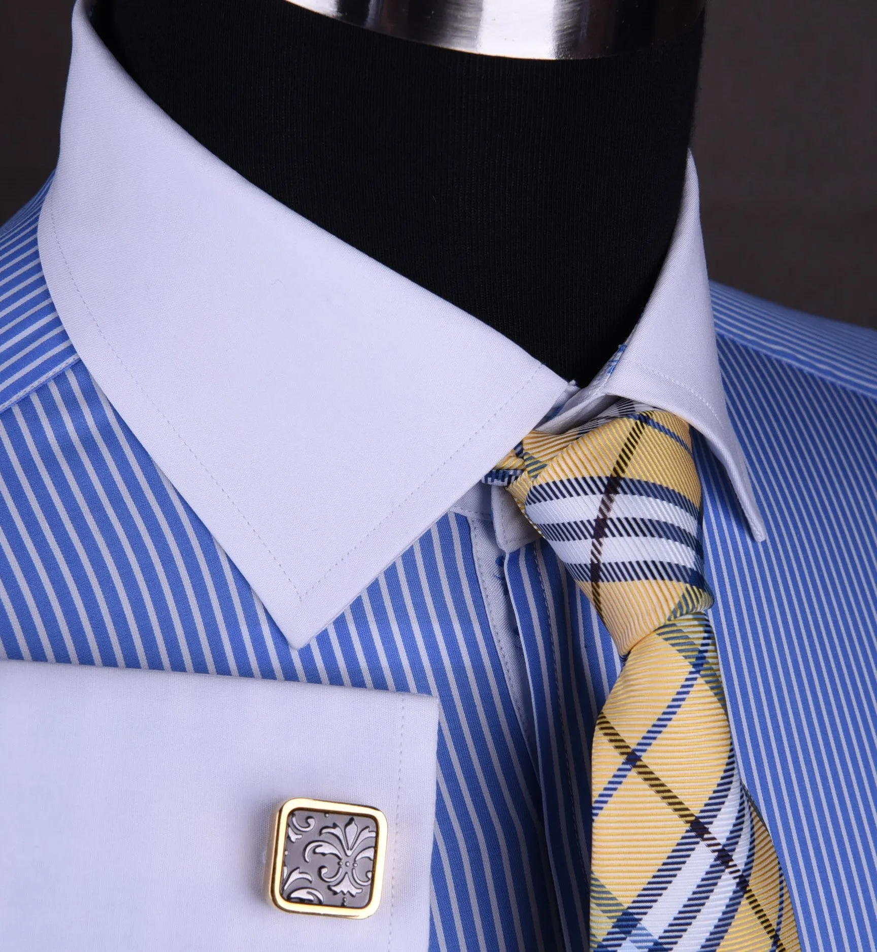 Luxury Blue Small Striped Formal Business Dress Shirt in French Double Cuffs - White Contrast Cuff